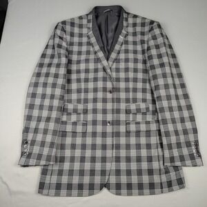 EJ Samuel Sport Coat Men 44L Charcoal White Plaid Windowpane Blazer Modern